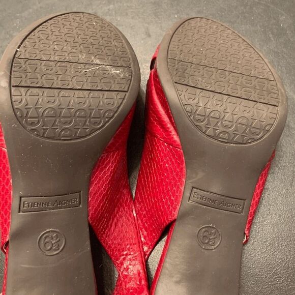 Etienne Aigner Women's Crisscross Strap Texture Red Sling Back Wedge Sandals 6.5 - Picture 4 of 9